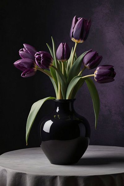 Vase noir avec tulipes violettes par Art & Soul Creations