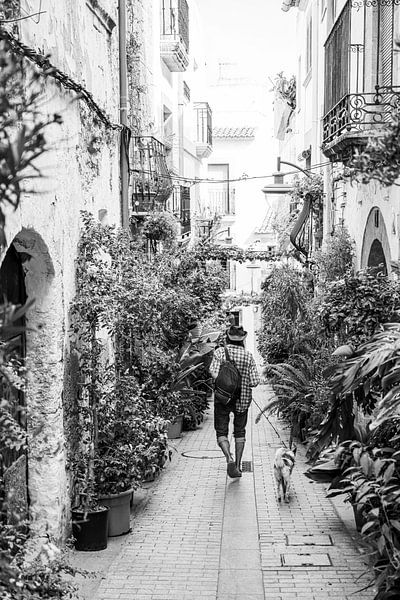 Spaziergänger mit Hund in den engen Gassen von Javea von Arte D'España