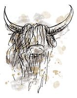 Stoer abstract waterverf schilderij van schotse hooglander