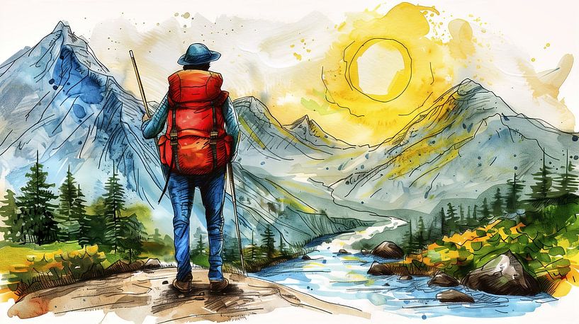 Hiker admires the mountain landscape at sunset by Frank Heinz