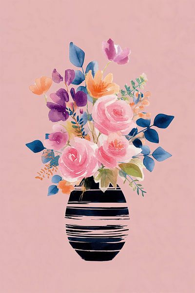 Gestreifte Vase mit Blumen in Marineblau und Pink Nr. 2 von Studio BB