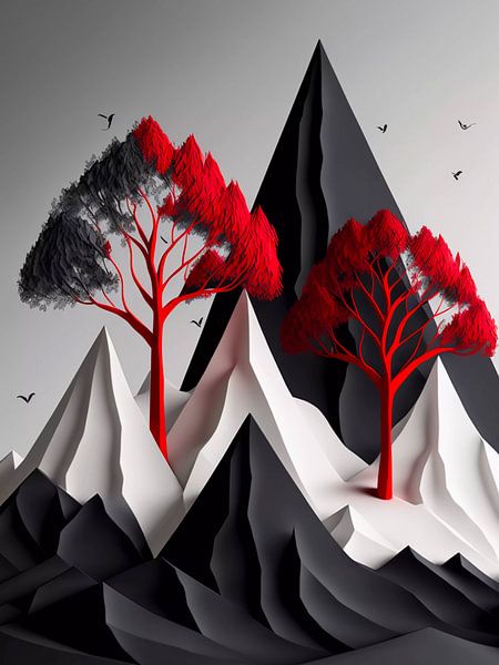 Rote Bäume in den Bergen von haroulita