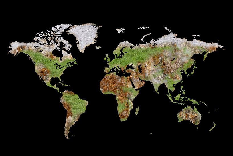 World map with grass, stone and snow by Lisette Rijkers