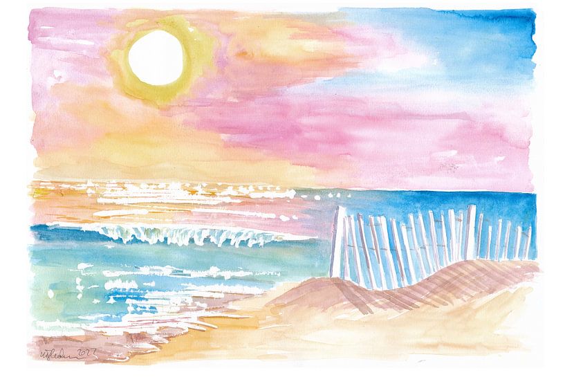 Romantic white picket fence on beach with waves and sunset by Markus Bleichner
