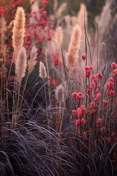Dancing Pink Sprites under a Radiant Golden Sun in the Wind by Karina Brouwer