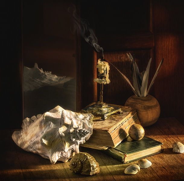 still life with an extinguished candle, books and seashells. by Mykhailo Sherman