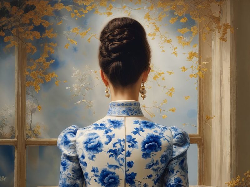 A portrait of a lady in a delft blue dress by Jolique Arte