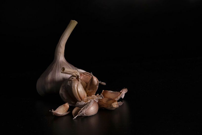 a still life with a whole fresh garlic and garlic cloves on a black background with reflection by ChrisWillemsen