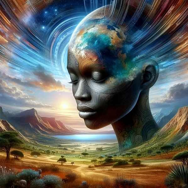 African woman in landscape 3 by Yvonne van Huizen