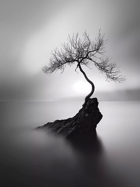 Lonely tree in the misty lake by haroulita