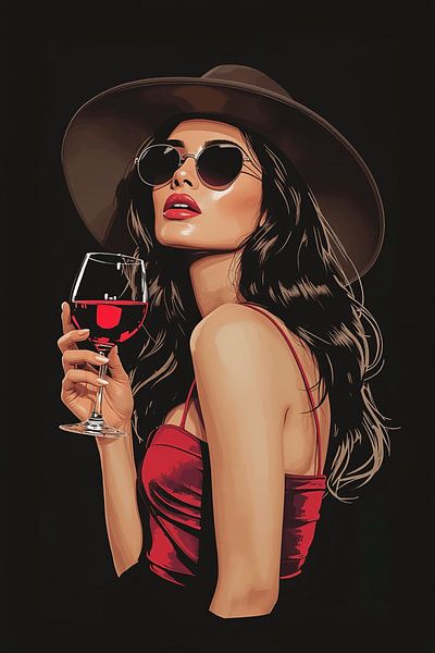 Woman with wine glass sunglasses and hat illustration by Dante S