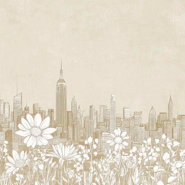 New Yorker Skyline mit Blumen - minimalistische Strichzeichnung auf beigem Leinen von Thea