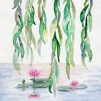 Étang avec nénuphars et saules pleureurs