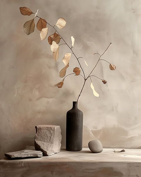 Earth &amp; Elegance ein Stillleben mit dunkler Vase und Natursteinen von Dutch Art Works