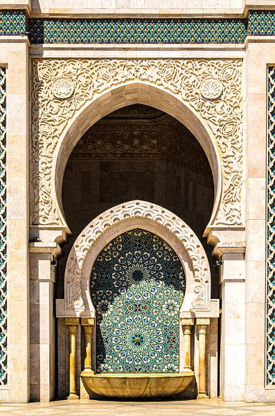 Fountain with mosaic on the facade of the HAssan II Mosque in Casablanca, Morocco by Dieter Walther