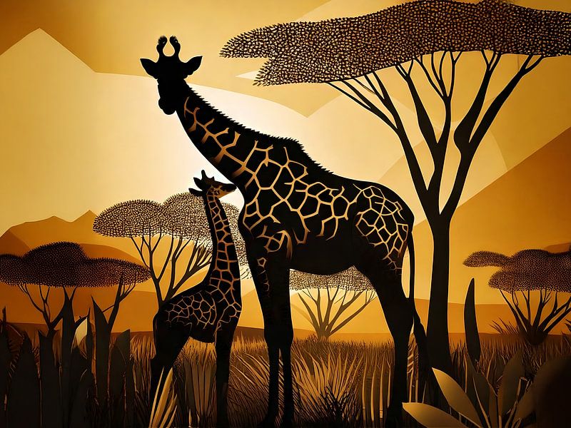 Giraffe mit ihrem Girafon von Martine Affre Eisenlohr