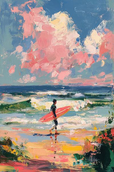 Surfeur avec une planche rose sur la plage par Niklas Maximilian