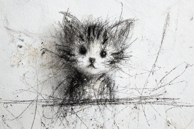 Black and white art print - Cute Kitten in Sketch Style by Peter Pen Drawings and Paintings