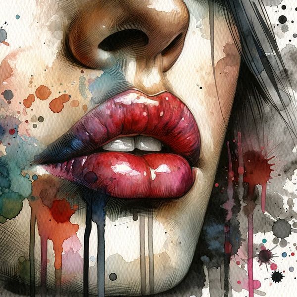 Scarlet Splash Lips Watercolor Portrait by Chromatic Fusion Studio