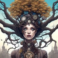 Girl in steampunk look in front of a tree