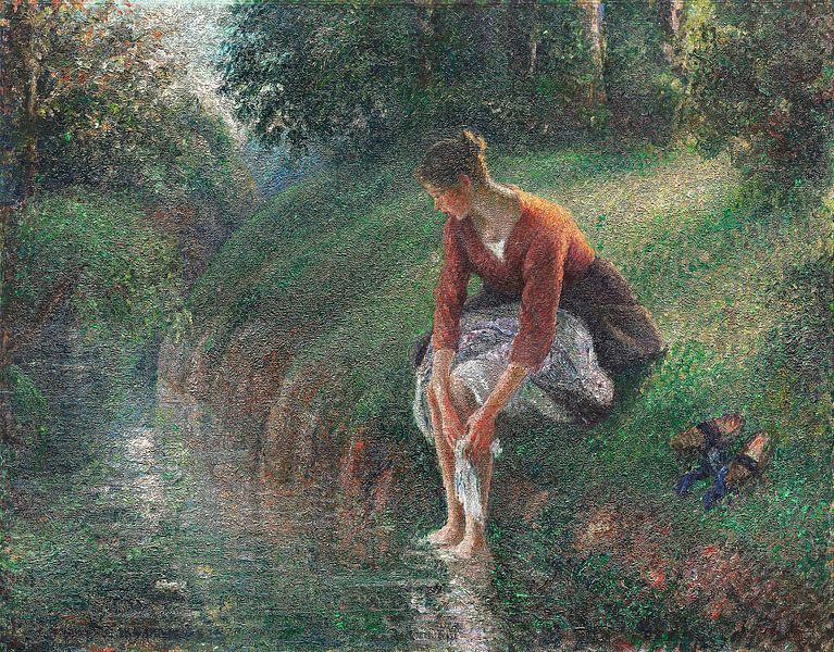 Frau, die ihre Füße in einem Bach badet (1894-95) von Camille Pissarro. von Studio POPPY