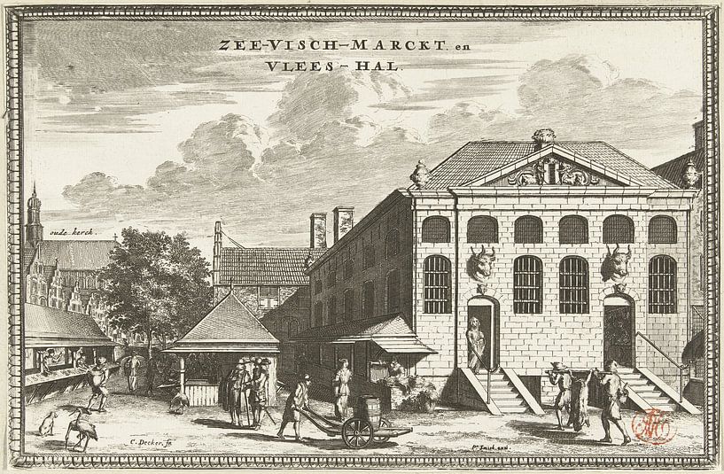 Coenraet Decker, View of the fish market and the Meat Hall in Delft, 1678 - 1703 by Atelier Liesjes