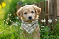 Niedliches Hündchen mit Schal sitzt im Garten zwischen Gras und Blumen
