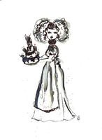 Dessin à l'encre Fille zélandaise avec un gâteau