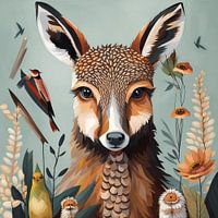 Artful Ree or Deer with Birds and Flowers - Animal Portrait