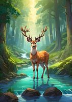 Peinture d'un cerf au milieu de la rivière