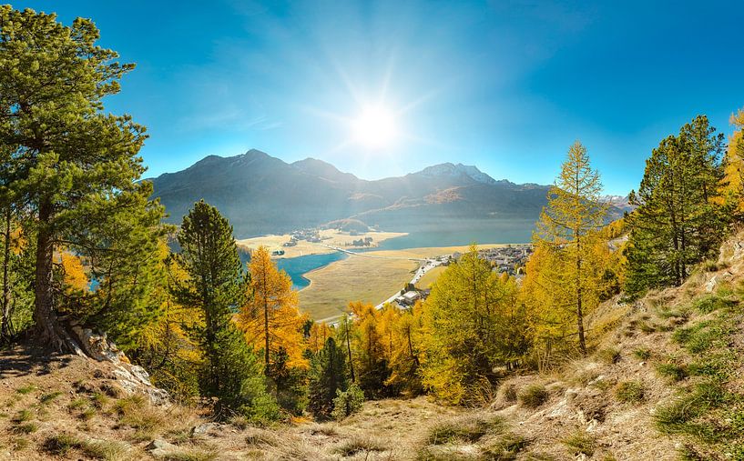 Blick auf Surlej, den Silvaplanersee und den Berg Corvatsch, Silvaplana von Rene van der Meer