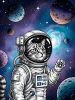Curious Feline Astronaut Waving Paw Through a Psychedelic Cosmic Galaxy Adventure