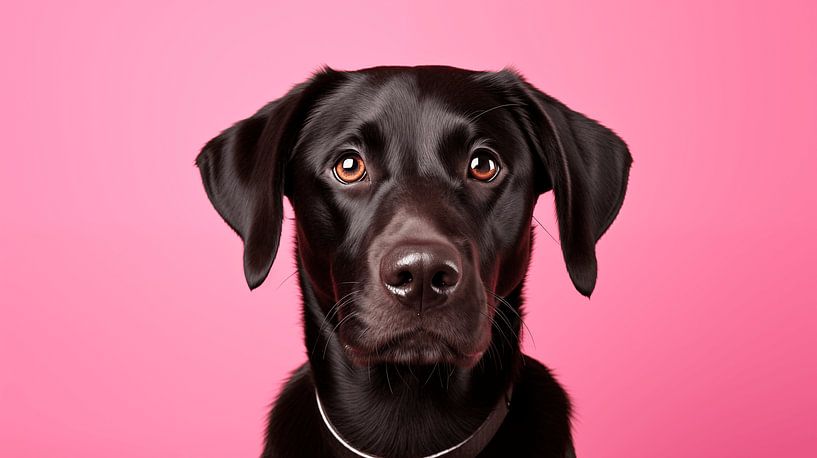 Close-up of a black Labrador retriever in front of a bright pink background. by Animaflora PicsStock