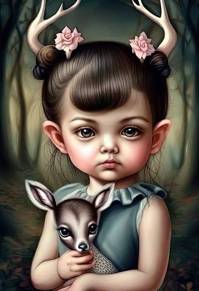 A young girl holding a deer in her arms by Laly Laura