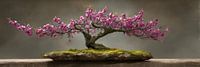 Bonsai with pink blossom on rustic pedestal still life panorama
