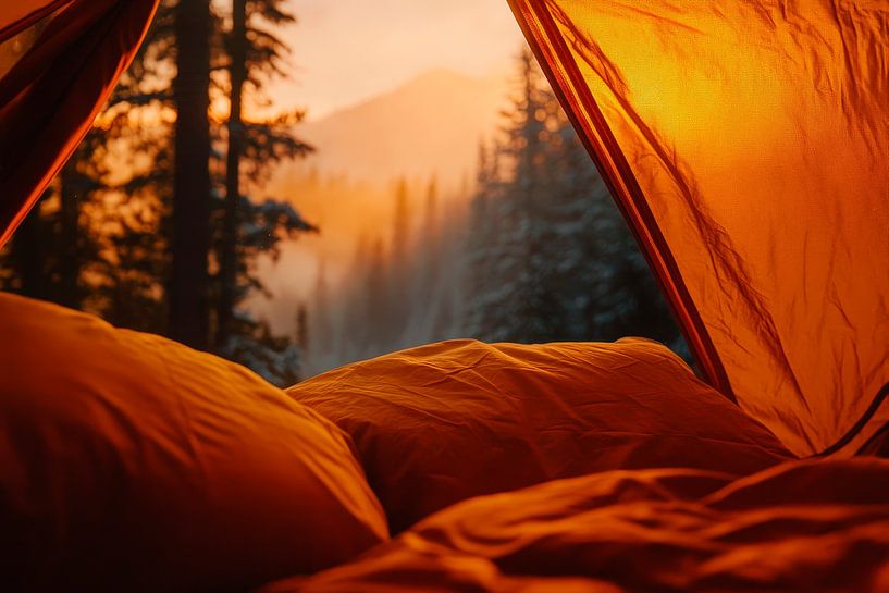 Tent view into the morning light - mountain horizon by Poster Art Shop