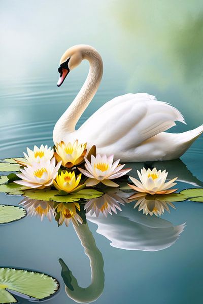 Schwan und Seerosen in der Natur von Imperial Art House
