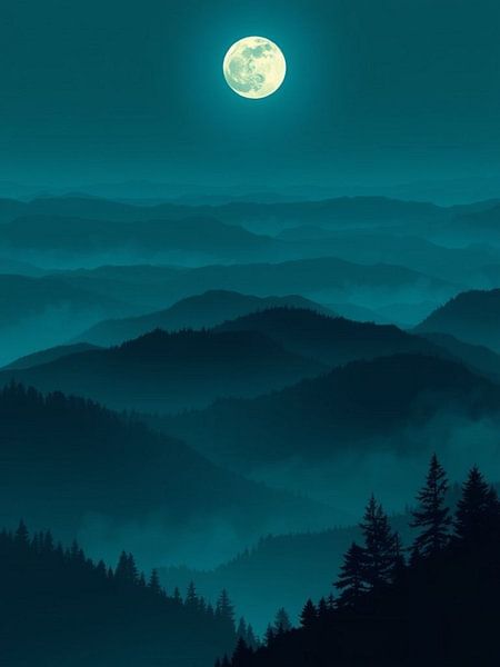 Die Umarmung des Vollmonds über den mystischen Teal Mountains von Artistic