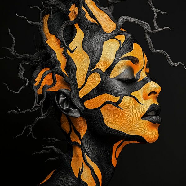 Profil einer Frau, verwoben mit organischen Linien in Orange von Color Square
