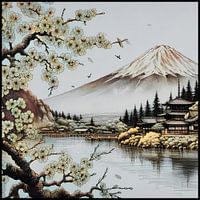Mont Fuji, arbre en fleurs, temple et lac
