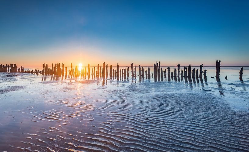 Poles at the Wadden Sea during sunset by Martijn van Dellen