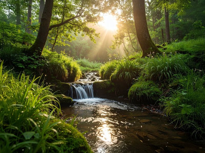 Morning sun by a stream in the forest - Ochtendezon bij een beek in het bos by Christina Bauer Photos