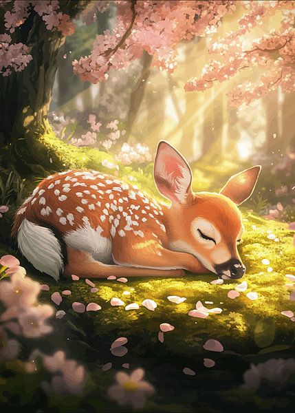 Faon endormi sous des cerisiers en fleurs par Pixelbull Design