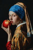 Une magnifique fille avec une boucle d'oreille en perle mange une pomme