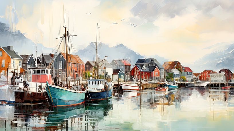 Havengezicht met boten en bergen in Scandinavisch dorp van Vlindertuin-Art