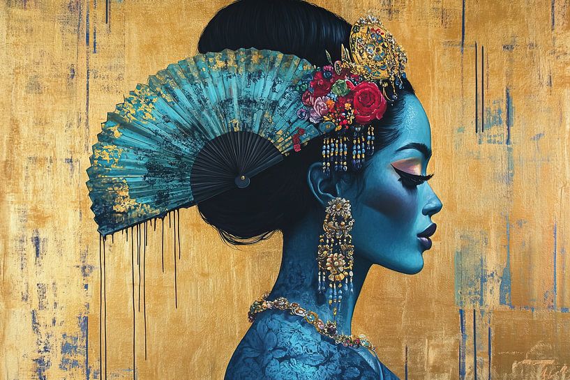 Luxus-Porträt | Blau-Gold von Blickfänger Gemälde