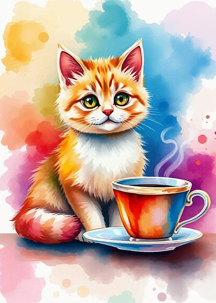 Chat et café aquarelle 2 par MIROKKU