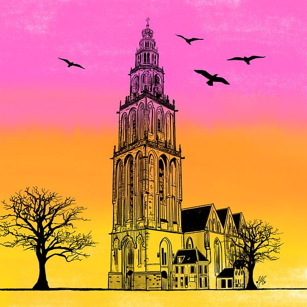 Martini Turm und Martini Kirche Groningen rosa orange gelb von Janet Edens