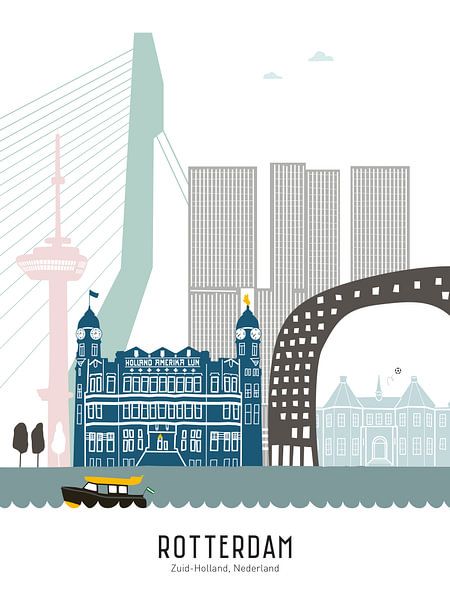 Skyline illustration city Rotterdam | Sparta | Castle in color by Mevrouw Emmer