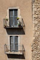 zwei Balkone mit hellblauen Louvre-Türen